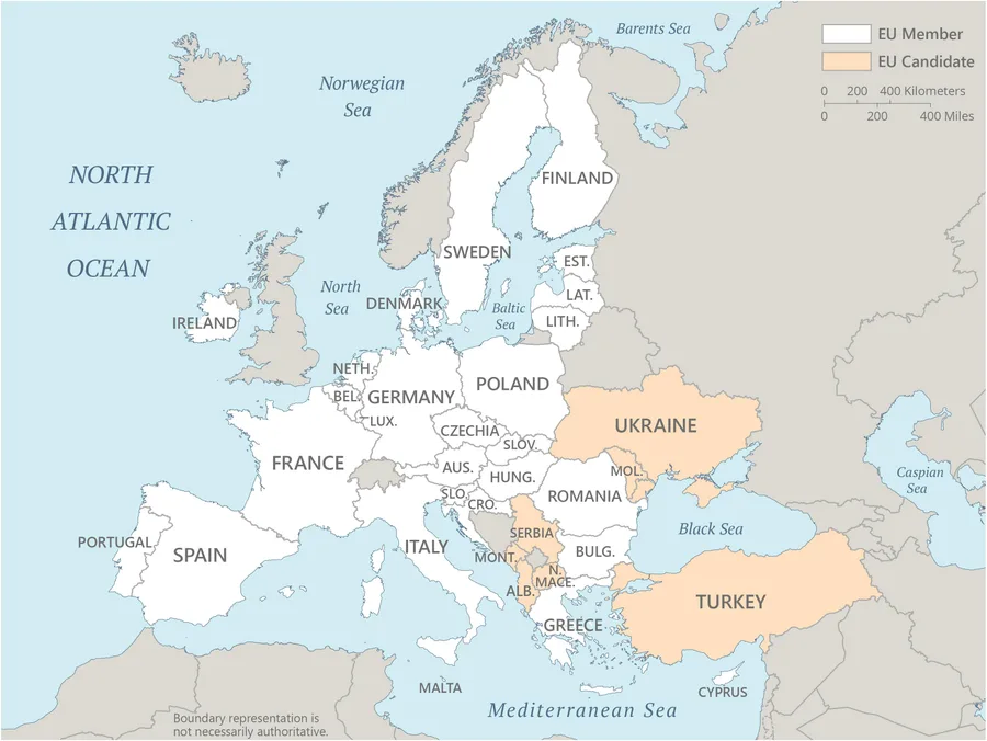 CIA World Factbook map of European Union, showing major cities, rivers and neighbouring countries