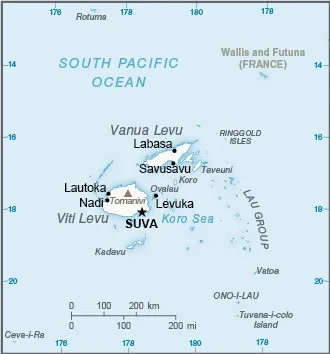 CIA World Factbook map of Fiji, showing major cities, rivers and neighbouring countries