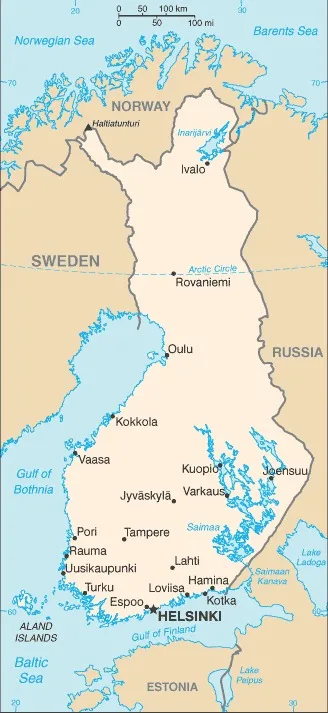 CIA World Factbook map of Finland, showing major cities, rivers and neighbouring countries