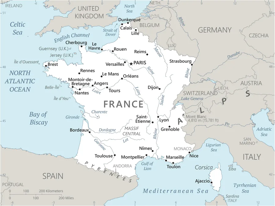 CIA World Factbook map of France, showing major cities, rivers and neighbouring countries
