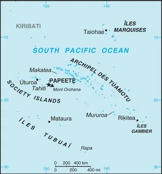 CIA World Factbook map of French Polynesia, showing major cities, rivers and neighbouring countries