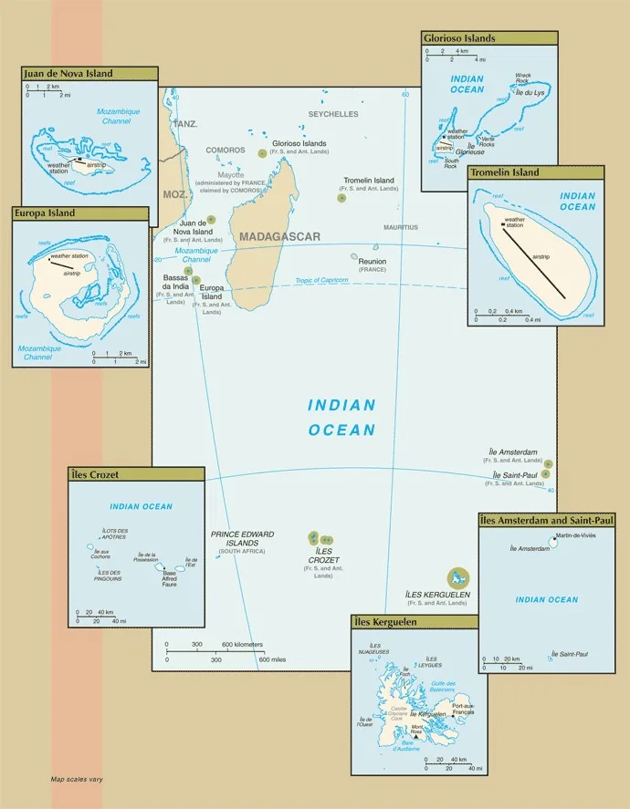 CIA World Factbook map of French Southern and Antarctic Lands, showing major cities, rivers and neighbouring countries