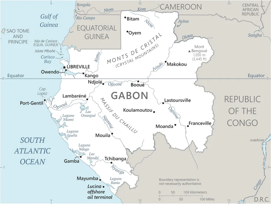 CIA World Factbook map of Gabon, showing major cities, rivers and neighbouring countries