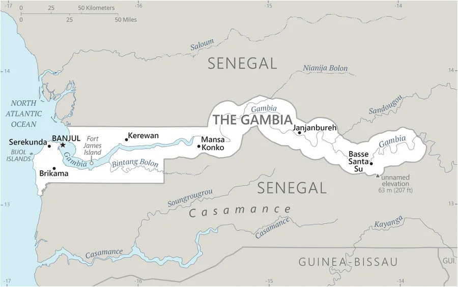 CIA World Factbook map of Gambia, showing major cities, rivers and neighbouring countries
