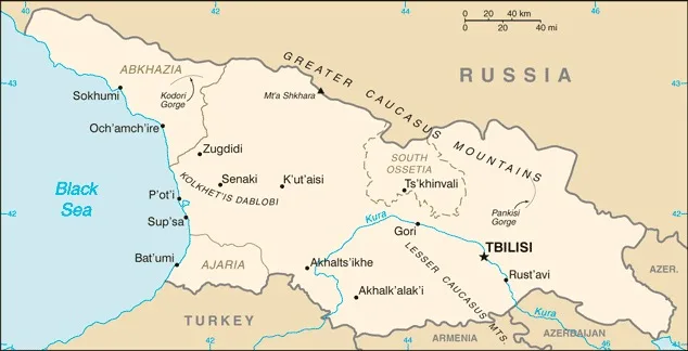 CIA World Factbook map of Georgia, showing major cities, rivers and neighbouring countries