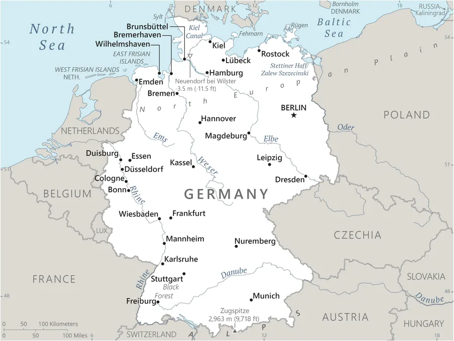 CIA World Factbook map of Germany, showing major cities, rivers and neighbouring countries