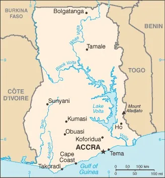 CIA World Factbook map of Ghana, showing major cities, rivers and neighbouring countries
