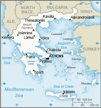 CIA World Factbook map of Greece, showing major cities, rivers and neighbouring countries