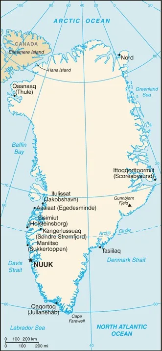 CIA World Factbook map of Greenland, showing major cities, rivers and neighbouring countries