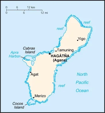CIA World Factbook map of Guam, showing major cities, rivers and neighbouring countries