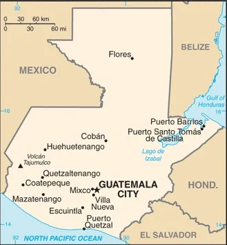 CIA World Factbook map of Guatemala, showing major cities, rivers and neighbouring countries