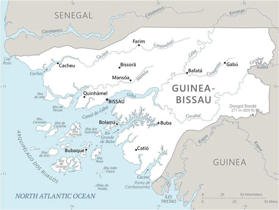 CIA World Factbook map of Guinea-Bissau, showing major cities, rivers and neighbouring countries