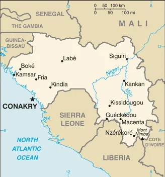CIA World Factbook map of Guinea, showing major cities, rivers and neighbouring countries