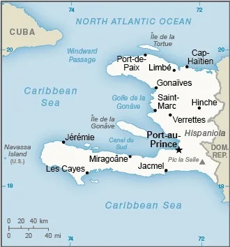 CIA World Factbook map of Haiti, showing major cities, rivers and neighbouring countries