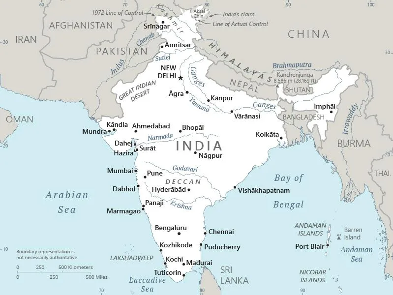 CIA World Factbook map of India, showing major cities, rivers and neighbouring countries