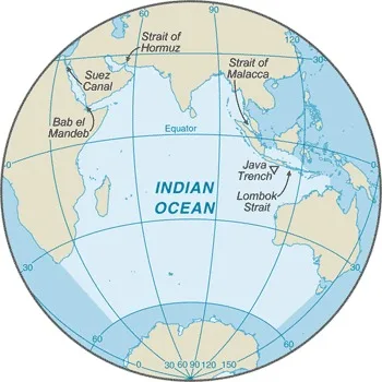 CIA World Factbook map of Indian Ocean, showing major cities, rivers and neighbouring countries