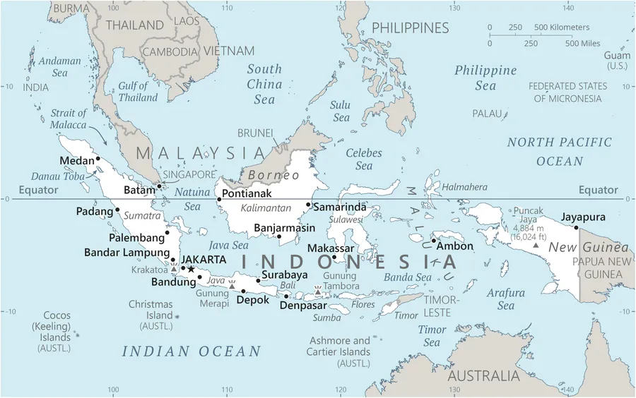 CIA World Factbook map of Indonesia, showing major cities, rivers and neighbouring countries