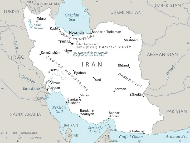 CIA World Factbook map of Iran, showing major cities, rivers and neighbouring countries