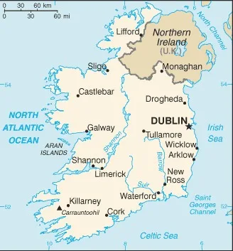 CIA World Factbook map of Ireland, showing major cities, rivers and neighbouring countries