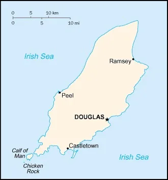 CIA World Factbook map of Isle of Man, showing major cities, rivers and neighbouring countries