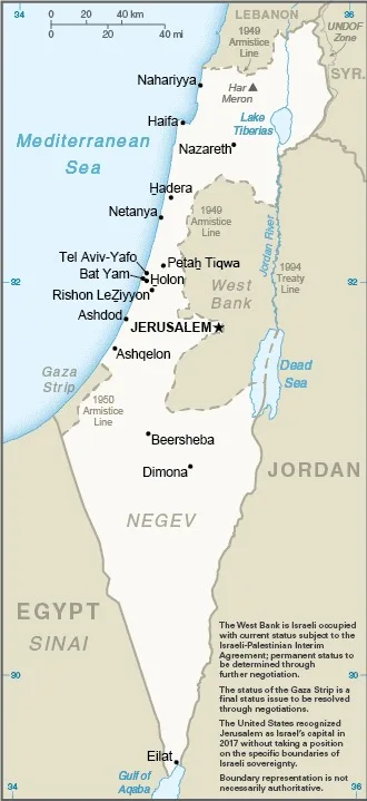 CIA World Factbook map of Israel, showing major cities, rivers and neighbouring countries