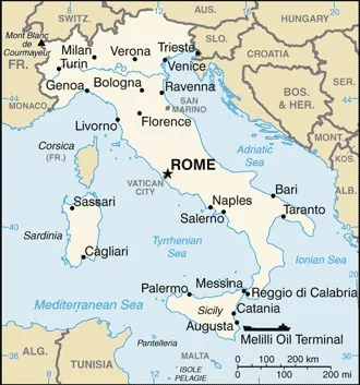 CIA World Factbook map of Italy, showing major cities, rivers and neighbouring countries