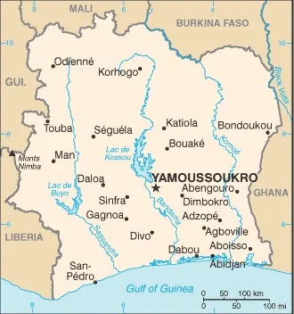 CIA World Factbook map of Cote d'Ivoire (Ivory Coast), showing major cities, rivers and neighbouring countries