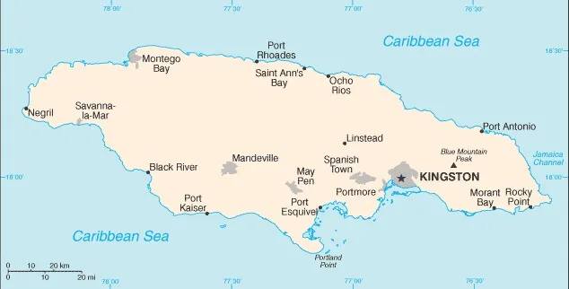CIA World Factbook map of Jamaica, showing major cities, rivers and neighbouring countries