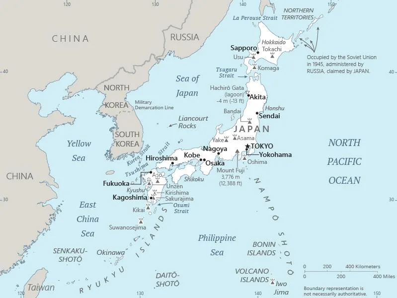 CIA World Factbook map of Japan, showing major cities, rivers and neighbouring countries