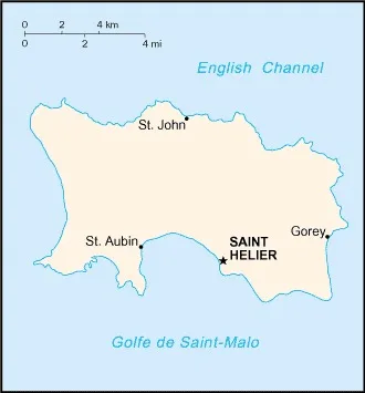 CIA World Factbook map of Jersey, showing major cities, rivers and neighbouring countries