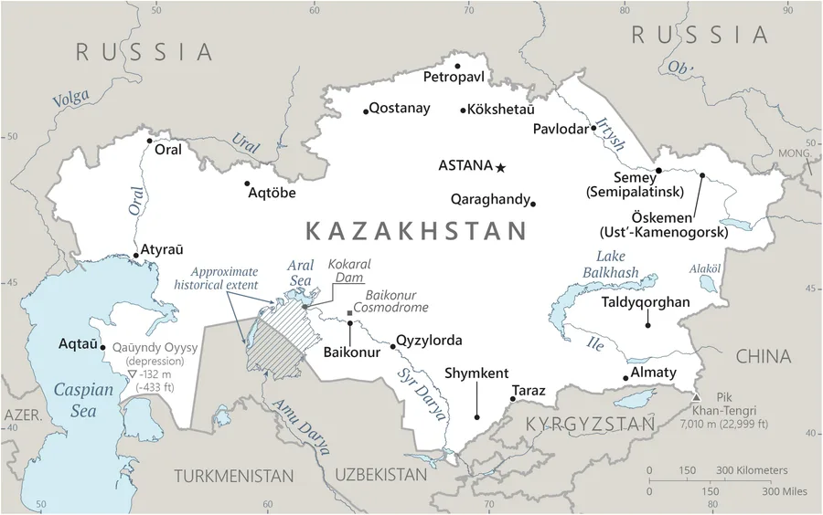 CIA World Factbook map of Kazakhstan, showing major cities, rivers and neighbouring countries