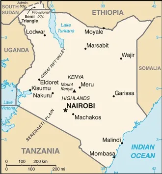 CIA World Factbook map of Kenya, showing major cities, rivers and neighbouring countries