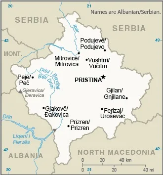 CIA World Factbook map of Kosovo, showing major cities, rivers and neighbouring countries