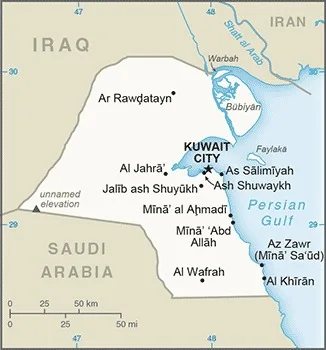CIA World Factbook map of Kuwait, showing major cities, rivers and neighbouring countries