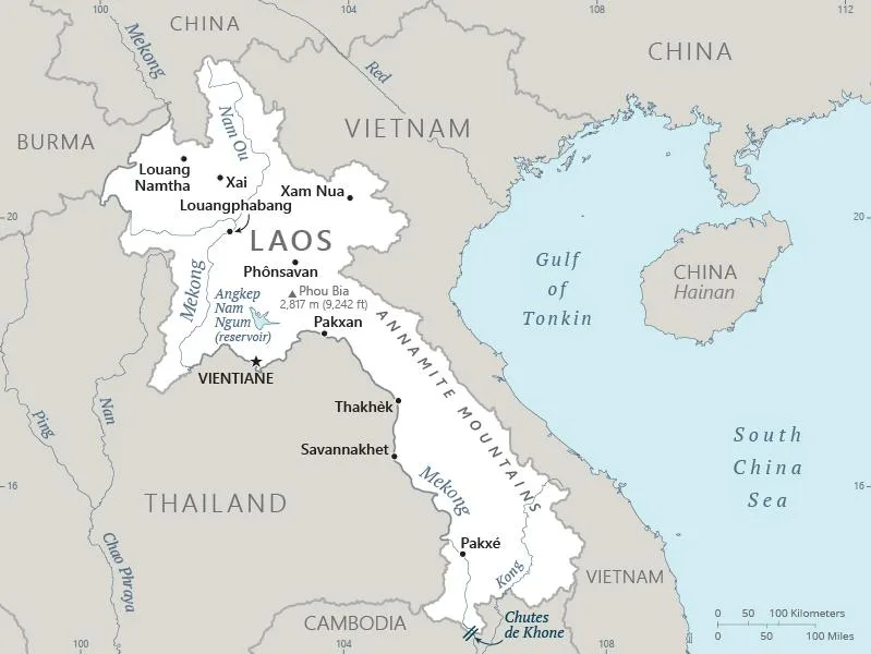 CIA World Factbook map of Laos, showing major cities, rivers and neighbouring countries