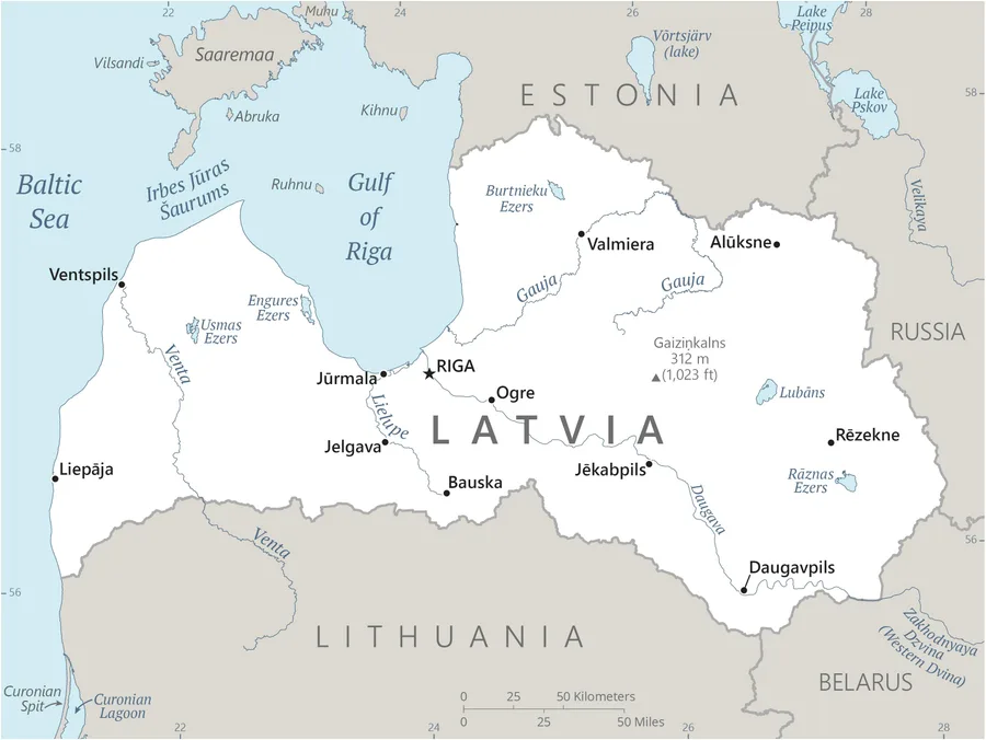CIA World Factbook map of Latvia, showing major cities, rivers and neighbouring countries