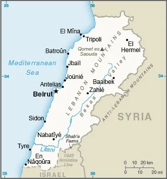 CIA World Factbook map of Lebanon, showing major cities, rivers and neighbouring countries