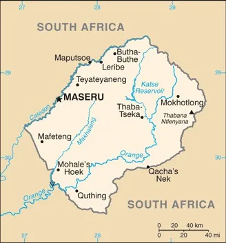 CIA World Factbook map of Lesotho, showing major cities, rivers and neighbouring countries