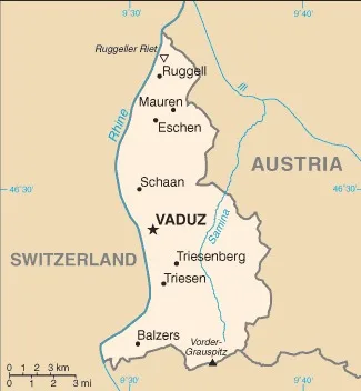 CIA World Factbook map of Liechtenstein, showing major cities, rivers and neighbouring countries