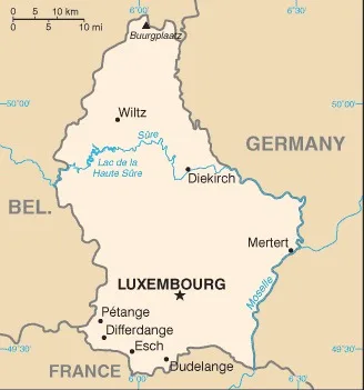 CIA World Factbook map of Luxembourg, showing major cities, rivers and neighbouring countries