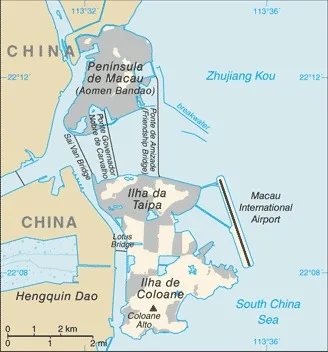 CIA World Factbook map of Macau, showing major cities, rivers and neighbouring countries
