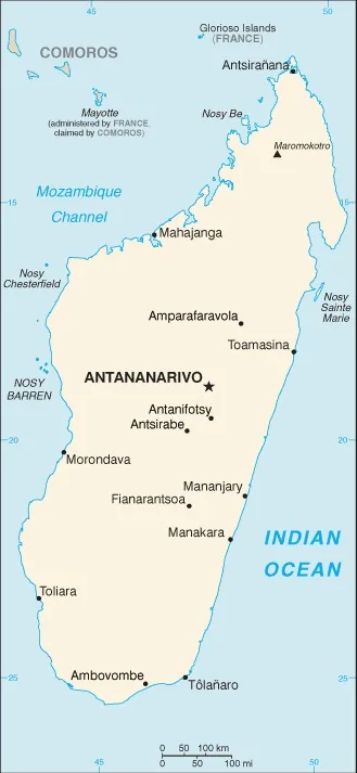 CIA World Factbook map of Madagascar, showing major cities, rivers and neighbouring countries