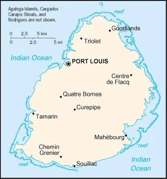 CIA World Factbook map of Mauritius, showing major cities, rivers and neighbouring countries
