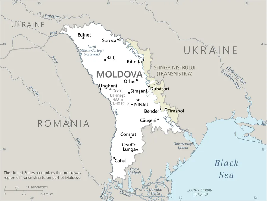 CIA World Factbook map of Moldova, showing major cities, rivers and neighbouring countries
