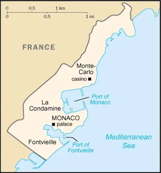 CIA World Factbook map of Monaco, showing major cities, rivers and neighbouring countries