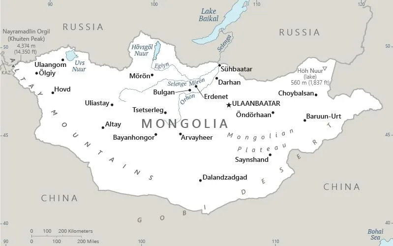 CIA World Factbook map of Mongolia, showing major cities, rivers and neighbouring countries