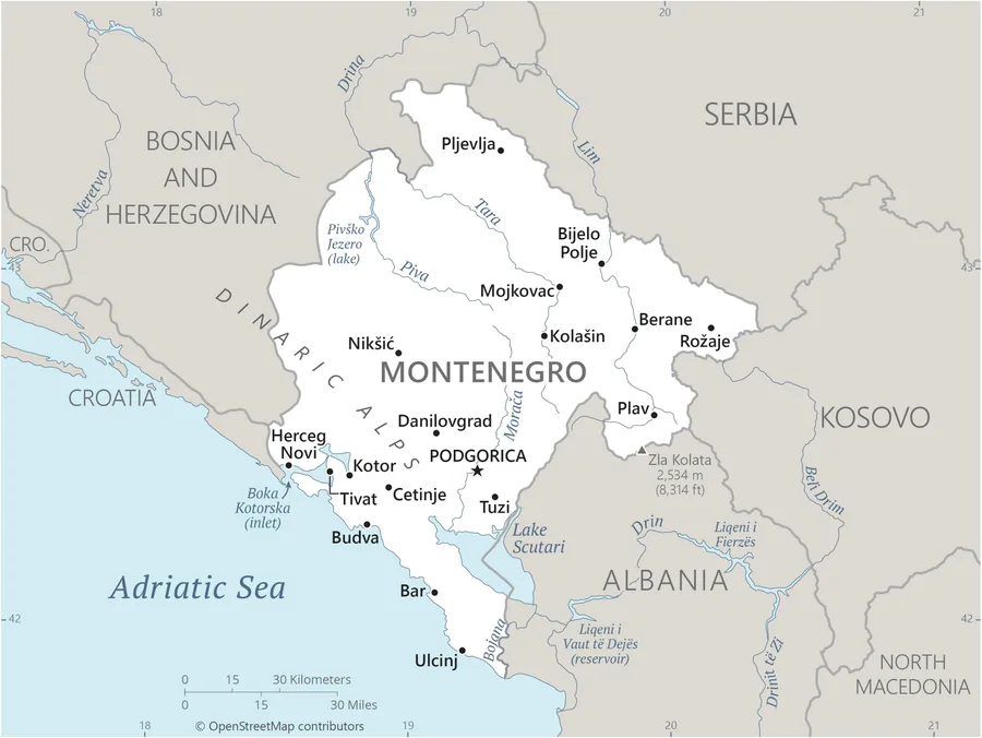 CIA World Factbook map of Montenegro, showing major cities, rivers and neighbouring countries