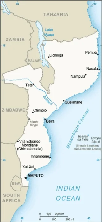CIA World Factbook map of Mozambique, showing major cities, rivers and neighbouring countries
