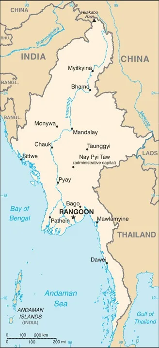 CIA World Factbook map of Myanmar (Burma), showing major cities, rivers and neighbouring countries