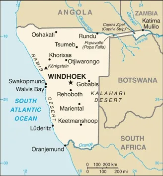 CIA World Factbook map of Namibia, showing major cities, rivers and neighbouring countries